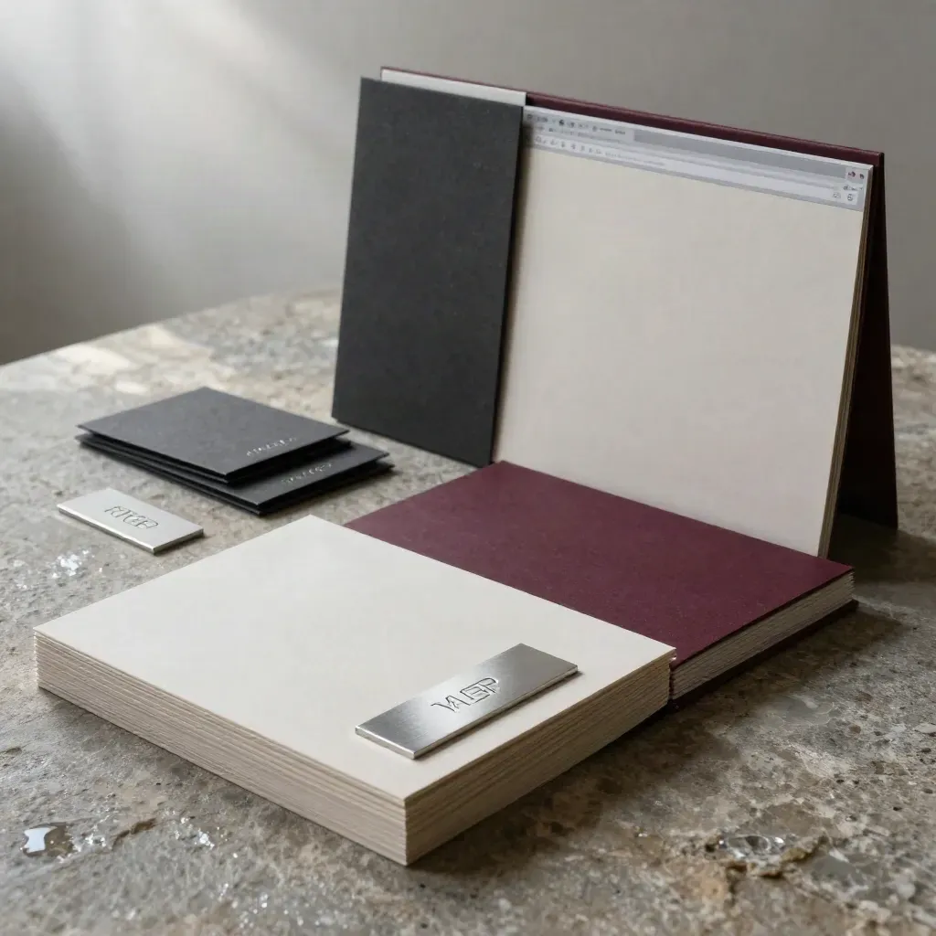 Luxury brand-studio still life with logo plaques, stationery, and mockup board in plum and charcoal.