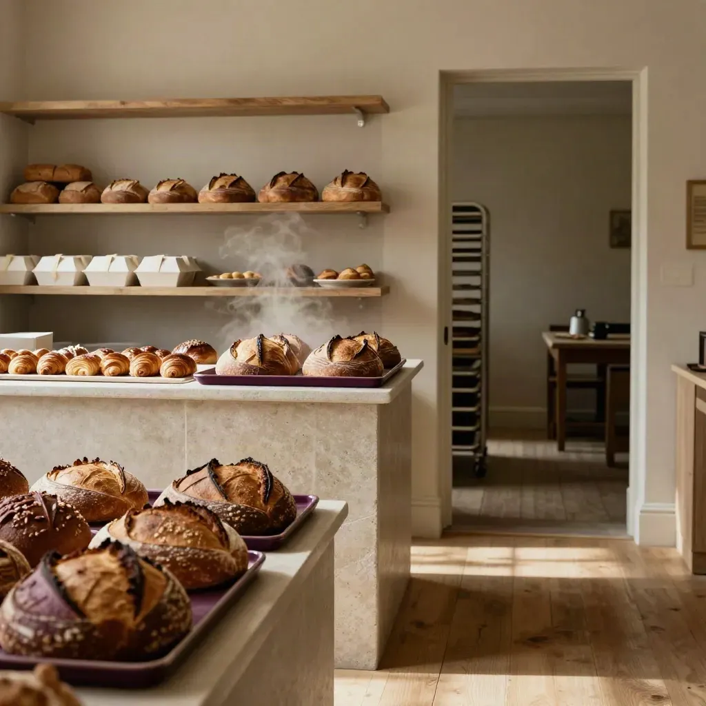 Warm Leeds bakery interior restocked with loaves, pastries and takeaway boxes.