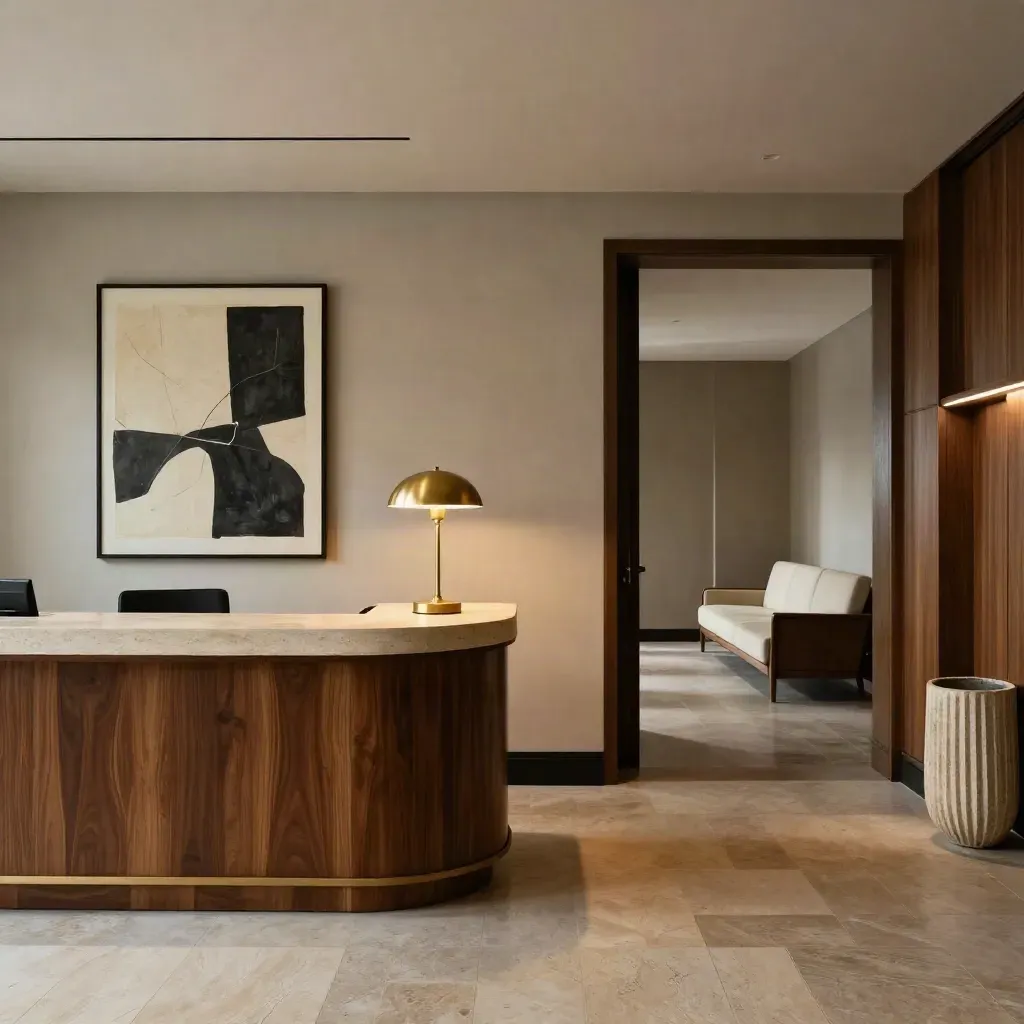 Bristol law firm reception with stone desk, brass lamp and refined seating in soft daylight.