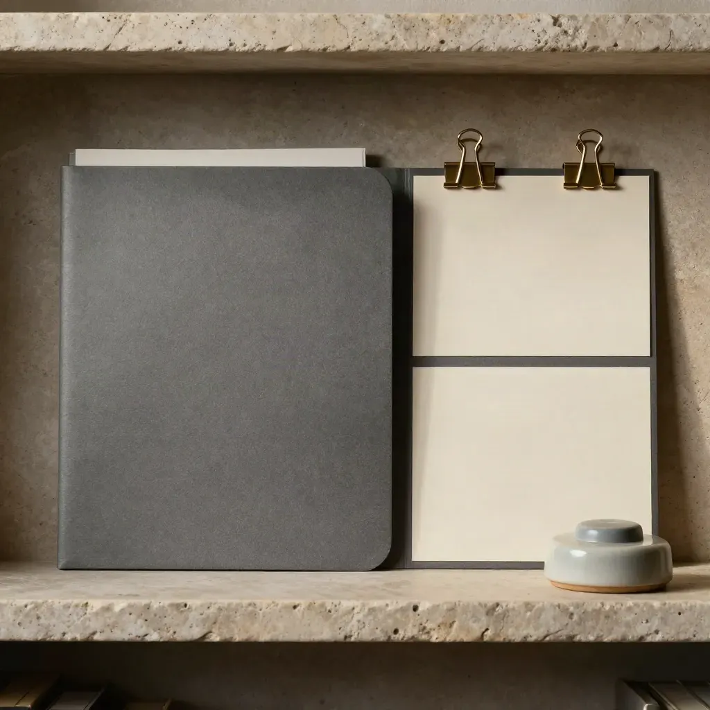 Closed briefing folder with brass clips, cardstock squares, and a ceramic paperweight on stone.